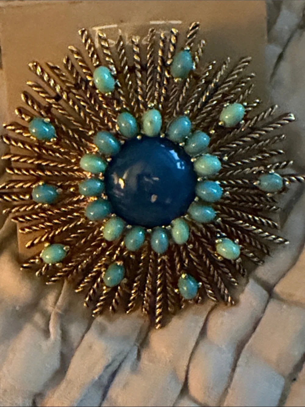 Large sunburst brooch lapis crystal and turquoise colored cabochon stones brooch